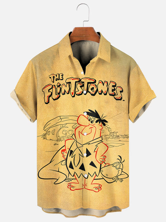 Men's Vintage Cartoon Character Poster Print Hawaiian Chest Pocket Short Sleeve Shirt