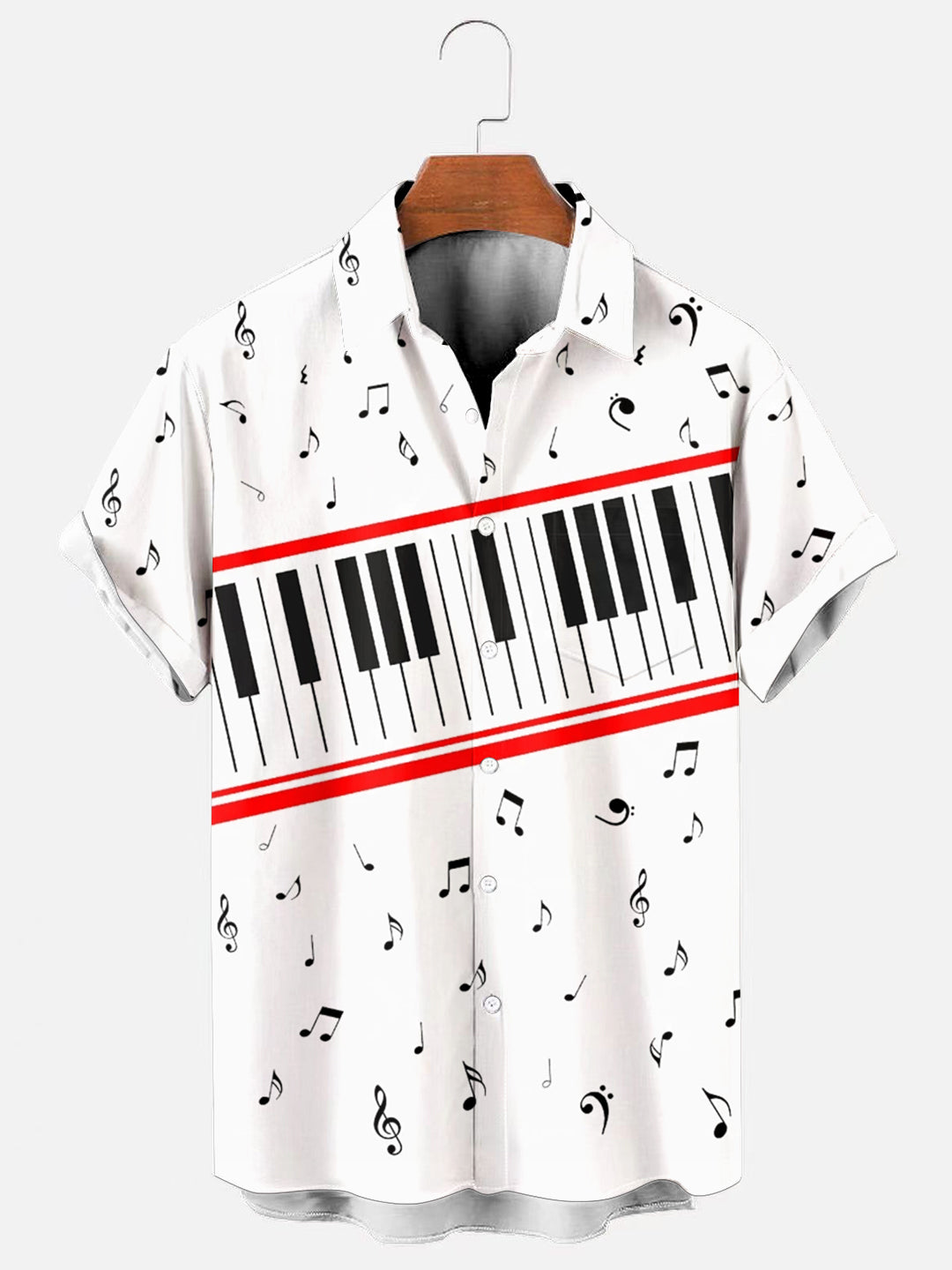 Men's Beat It Piano Note Print Hawaiian Short Sleeve Pocket Shirt