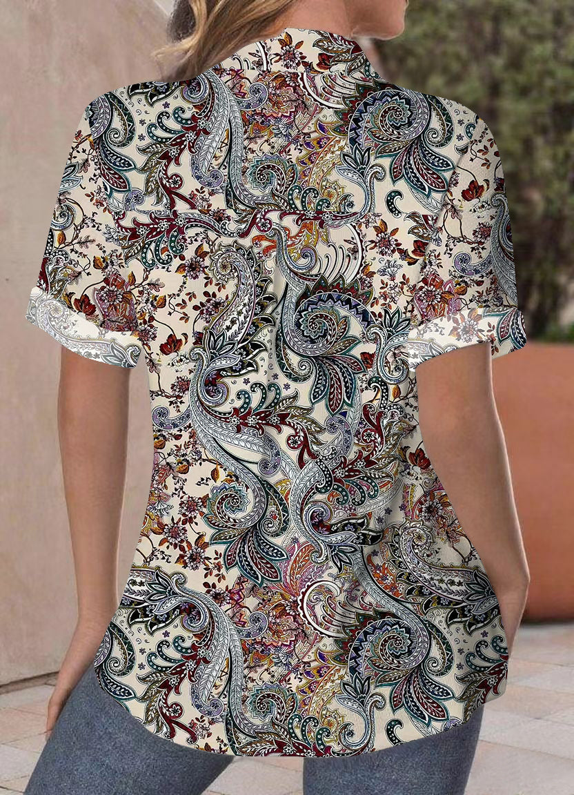 Women's Paisley Pattern Casual Short Sleeve Blouses