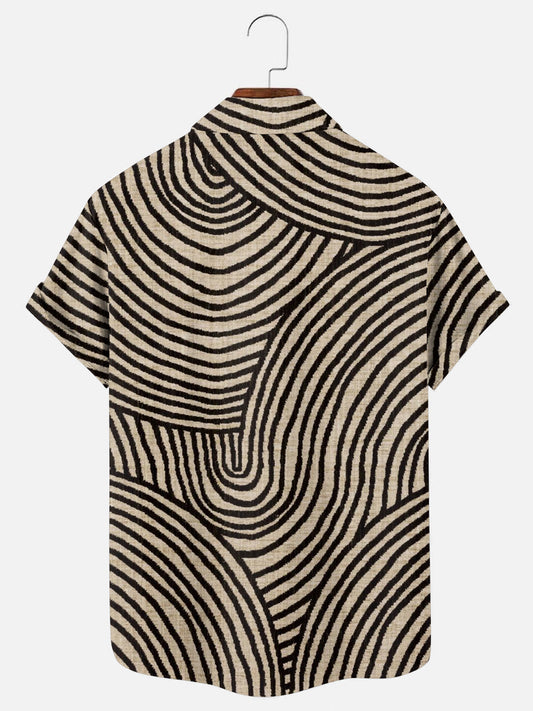 Men's Retro Abstract Line Art Print Hawaiian Short Sleeve Pocket Shirt