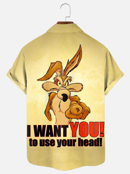 Men's Vintage Coyote Cartoon Print Hawaiian Short-Sleeve Shirt