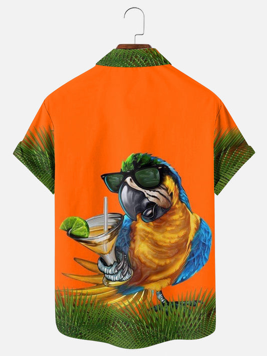 Blue Macaw Cocktail Print Casual Vacation Short Sleeve Shirt