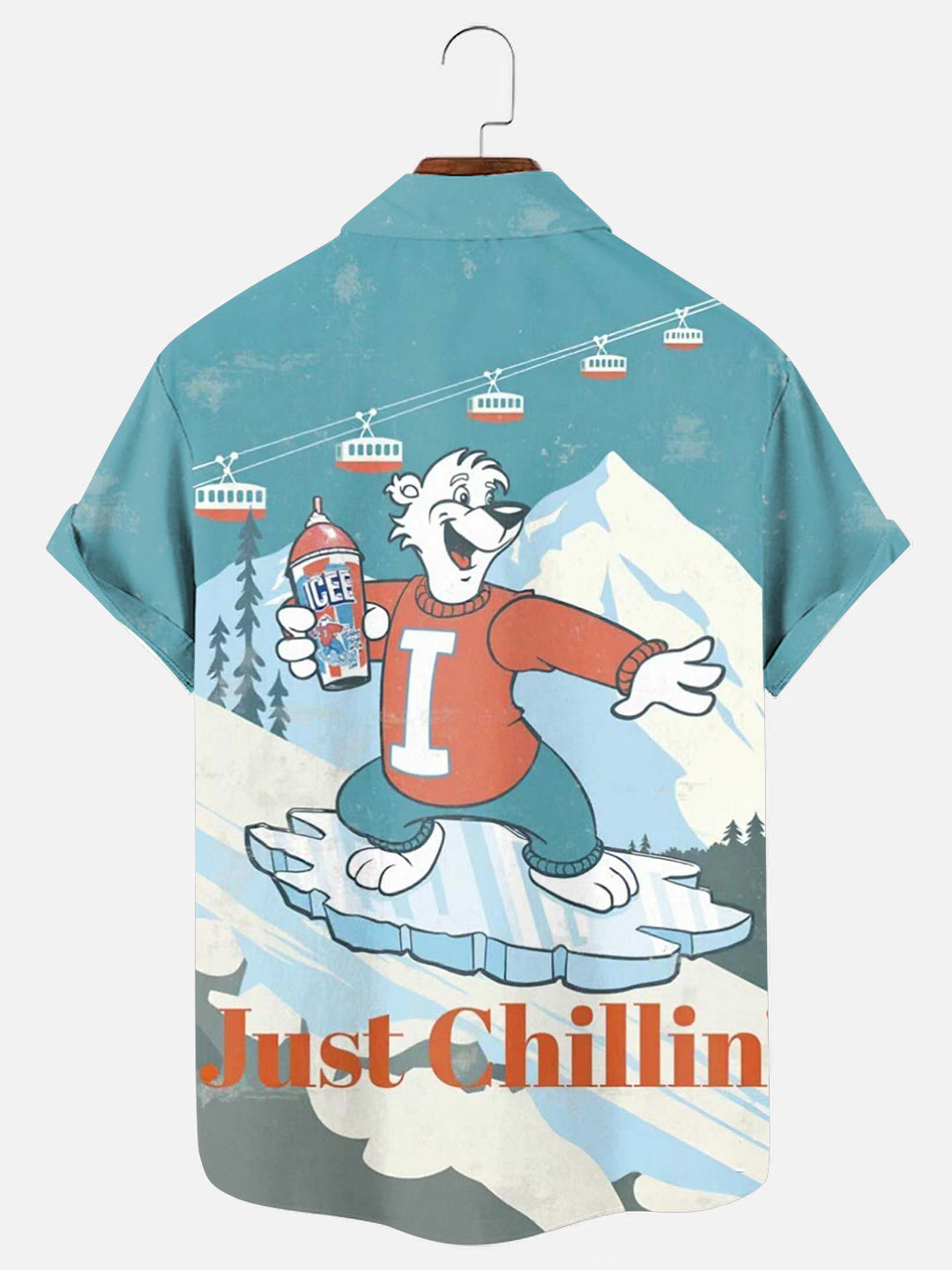 Men's Vintage Icee Iceboarding Bear Printed Hawaiian Pocket Short Sleeve Shirt