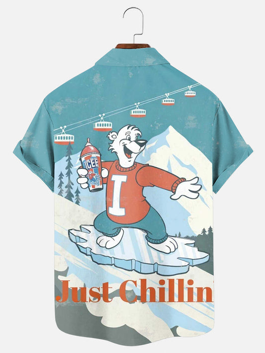 Men's Vintage Icee Iceboarding Bear Printed Hawaiian Pocket Short Sleeve Shirt