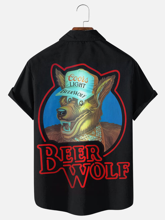 Men's 80s Vintage Beer Wolf Printed Casual Short Sleeve Shirt
