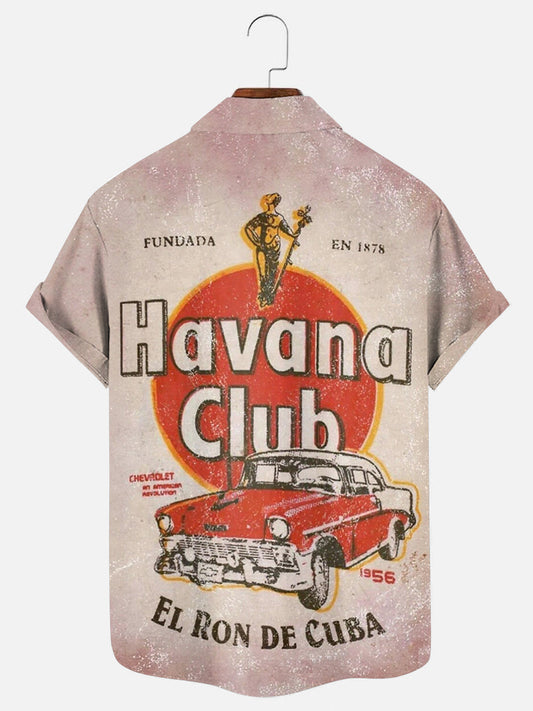 Men's Vintage Rum Club Pattern Print Hawaiian Short Sleeve Pocket Shirt
