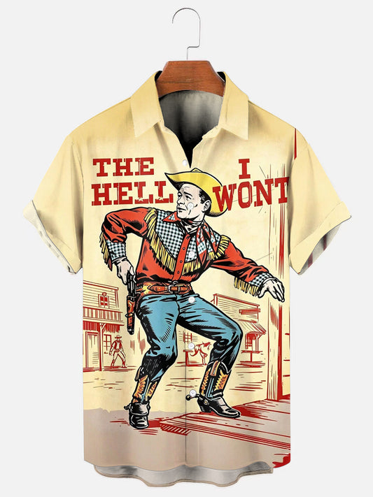The Hell I Wont Cowboy Printed Vintage Short Sleeve Pocket Shirt