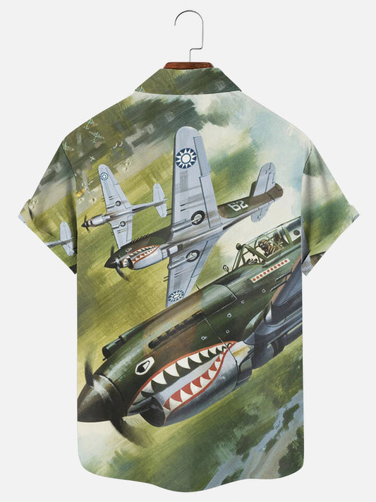 Men's Retro WWII Airplane Art Print Hawaiian Short Sleeve Shirt