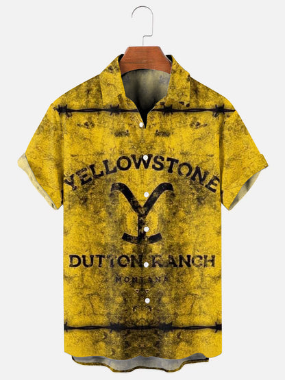 Men's Vintage Western Logo Print Casual Short Sleeve Pocket Shirt