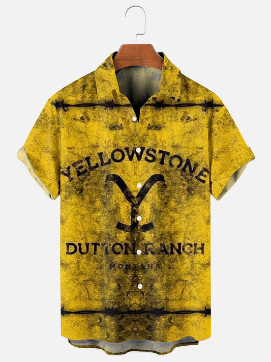 Men's Vintage Western Logo Print Casual Short Sleeve Pocket Shirt