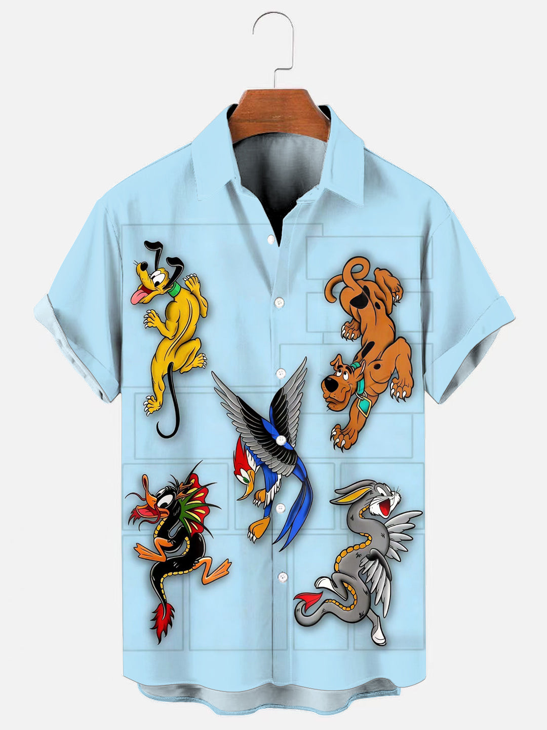Men's Cartoon Tattoo Print Hawaiian Chest Pocket Short Sleeve Shirt