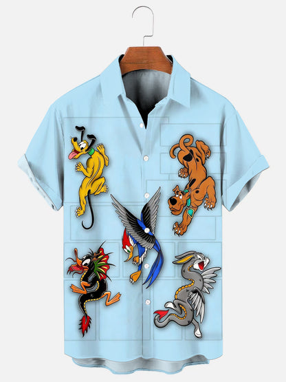 Men's Cartoon Tattoo Print Hawaiian Chest Pocket Short Sleeve Shirt
