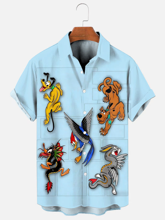 Men's Cartoon Tattoo Print Hawaiian Chest Pocket Short Sleeve Shirt