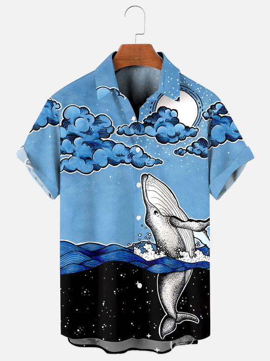 Men's Space Whale Art Print Hawaiian Short Sleeve Shirt