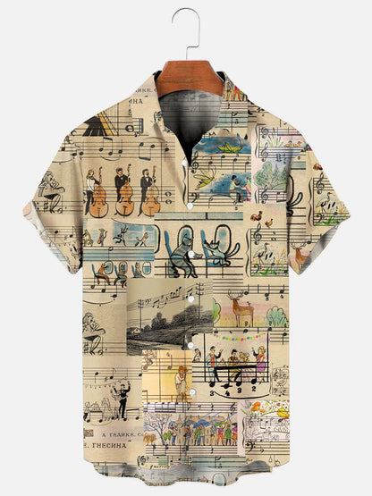 Men's Vintage Music Art Sheet Music Print Hawaiian Short Sleeve Pocket Shirt