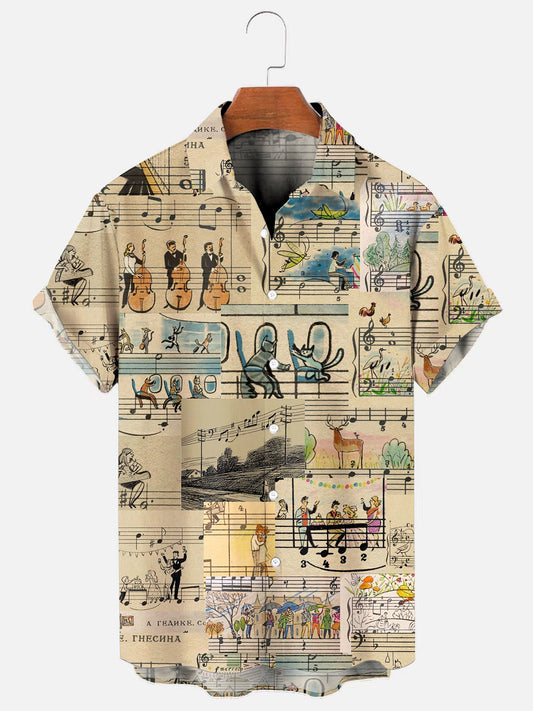 Men's Vintage Music Art Sheet Music Print Hawaiian Short Sleeve Pocket Shirt