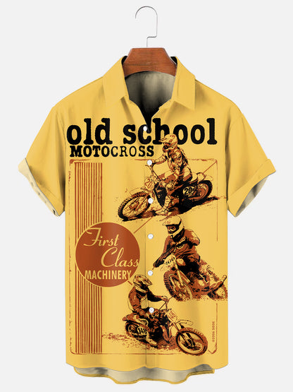 Men's Vintage Old School Motocross Graphic Print Hawaiian Short Sleeve Pocket Shirt