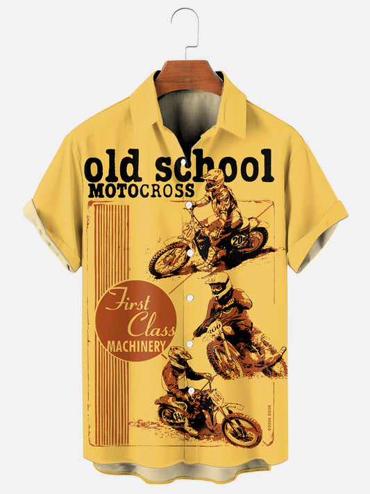Men's Vintage Old School Motocross Graphic Print Hawaiian Short Sleeve Pocket Shirt