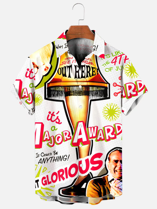 Men's Christmas Grand Prize Leg Shaped Lamp Print Holiday Short-Sleeve Shirt