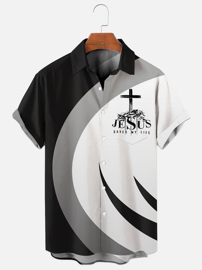 Men's Easter Cross Print Casual Pocket Short Sleeve Shirt