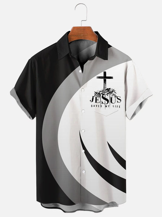 Men's Easter Cross Print Casual Pocket Short Sleeve Shirt