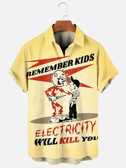 Men's 70s Vintage Electricity Warning Sign Poster Print Hawaiian Short Sleeve Pocket Shirt