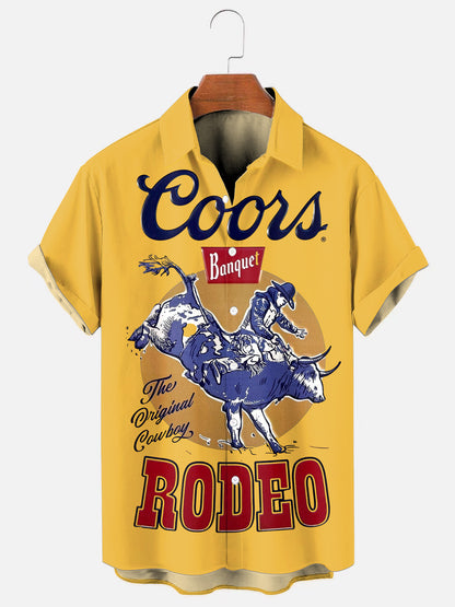 Men's Retro Beer Rodeo Print Hawaiian Short Sleeve Shirt