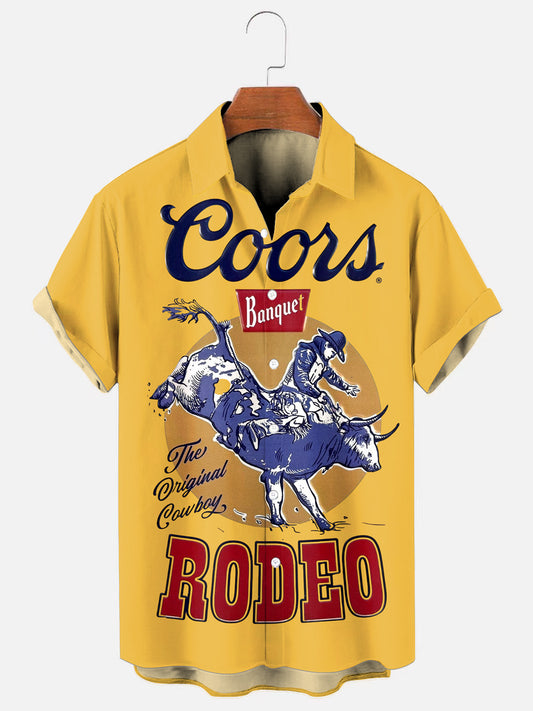 Men's Retro Beer Rodeo Print Hawaiian Short Sleeve Shirt