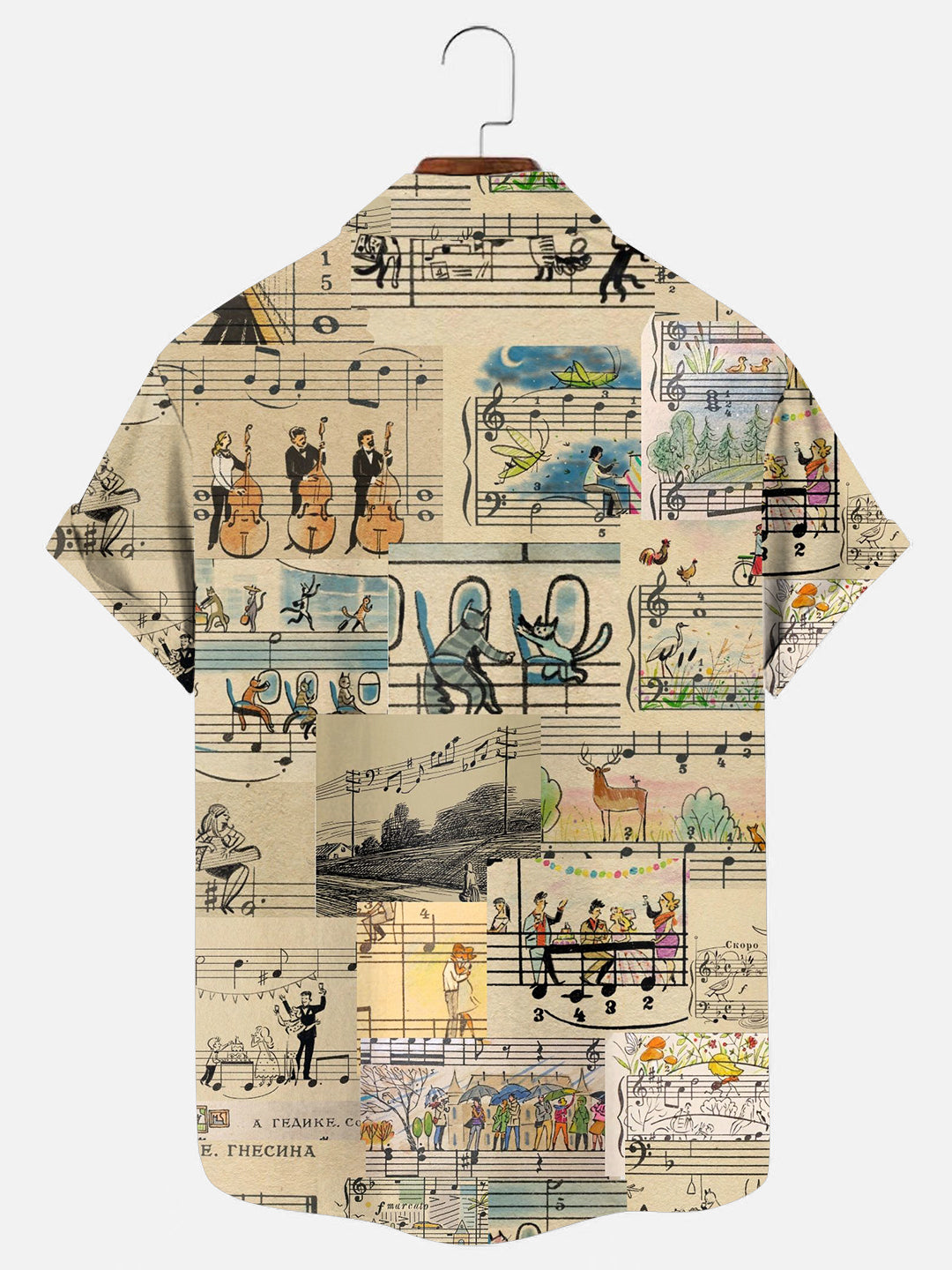 Men's Vintage Music Art Sheet Music Print Hawaiian Short Sleeve Pocket Shirt