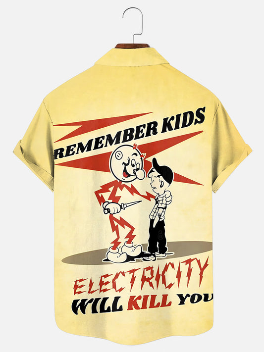 Men's 70s Vintage Electricity Warning Sign Poster Print Hawaiian Short Sleeve Pocket Shirt