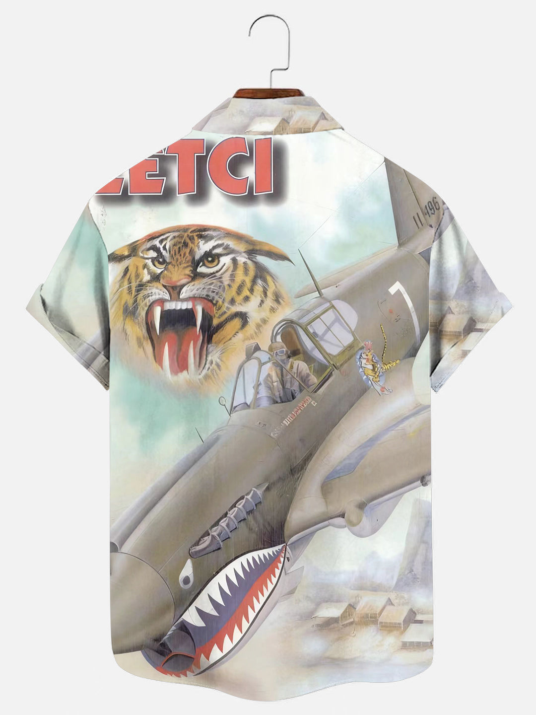 Men's Vintage Flying Tigers Fighter Print Hawaiian Short Sleeve Shirt