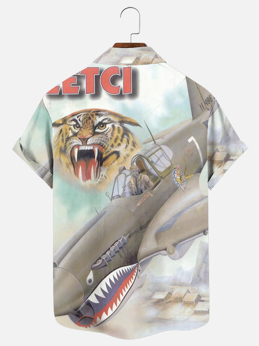 Men's Vintage Flying Tigers Fighter Print Hawaiian Short Sleeve Shirt