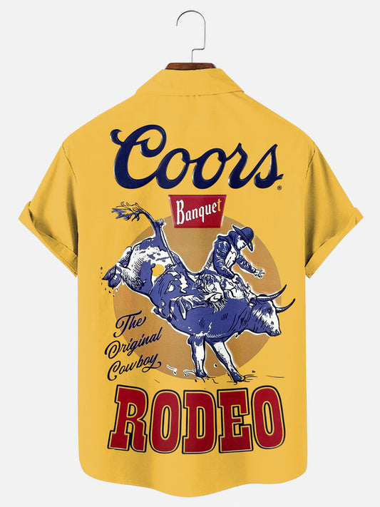 Men's Retro Beer Rodeo Print Hawaiian Short Sleeve Shirt