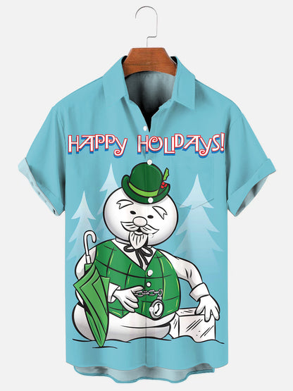 Men's Christmas Sam Snowman Cartoon Print Casual Short Sleeve Pocket Shirt