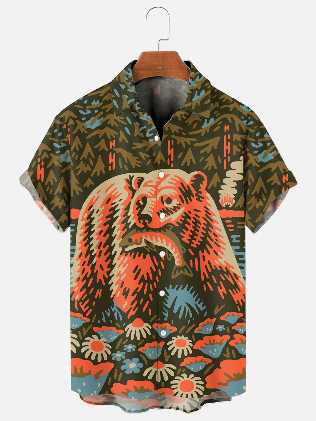 Men's Bear Catching Fish Print Outdoor Short Sleeve Shirt