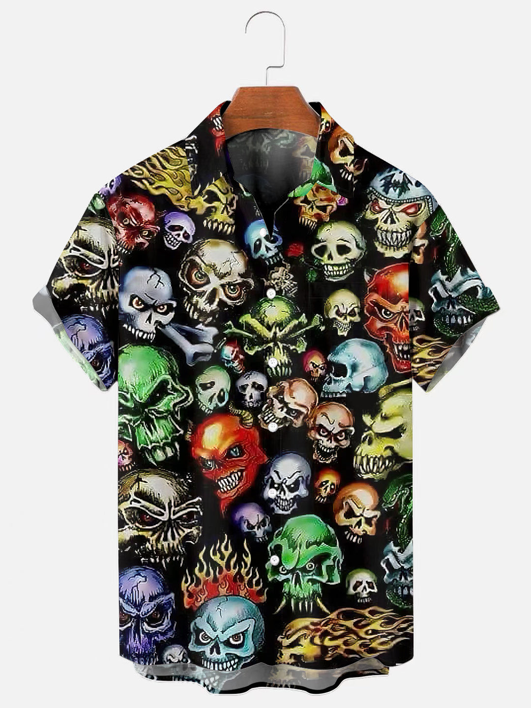 Men's Skull Tattoo Print Hawaiian Chest Pocket Short Sleeve Shirt