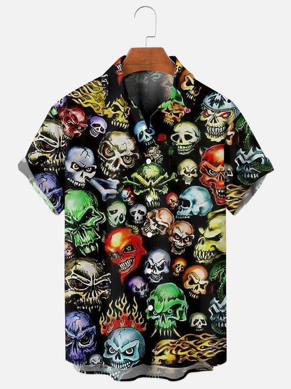 Men's Skull Tattoo Print Hawaiian Chest Pocket Short Sleeve Shirt