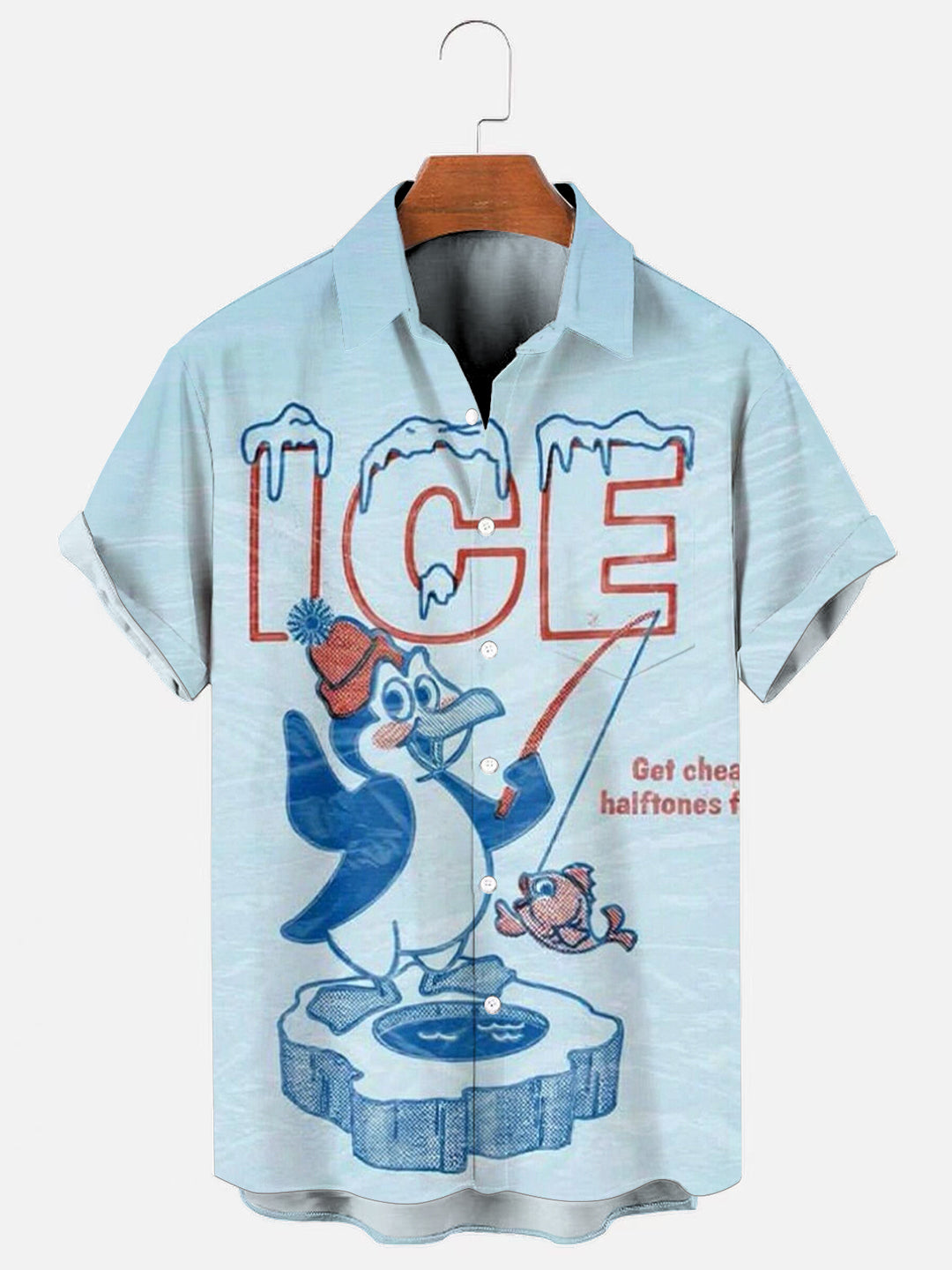 Men's Vintage Penguin Fishing on Ice Print Hawaiian Short Sleeve Pocket Shirt