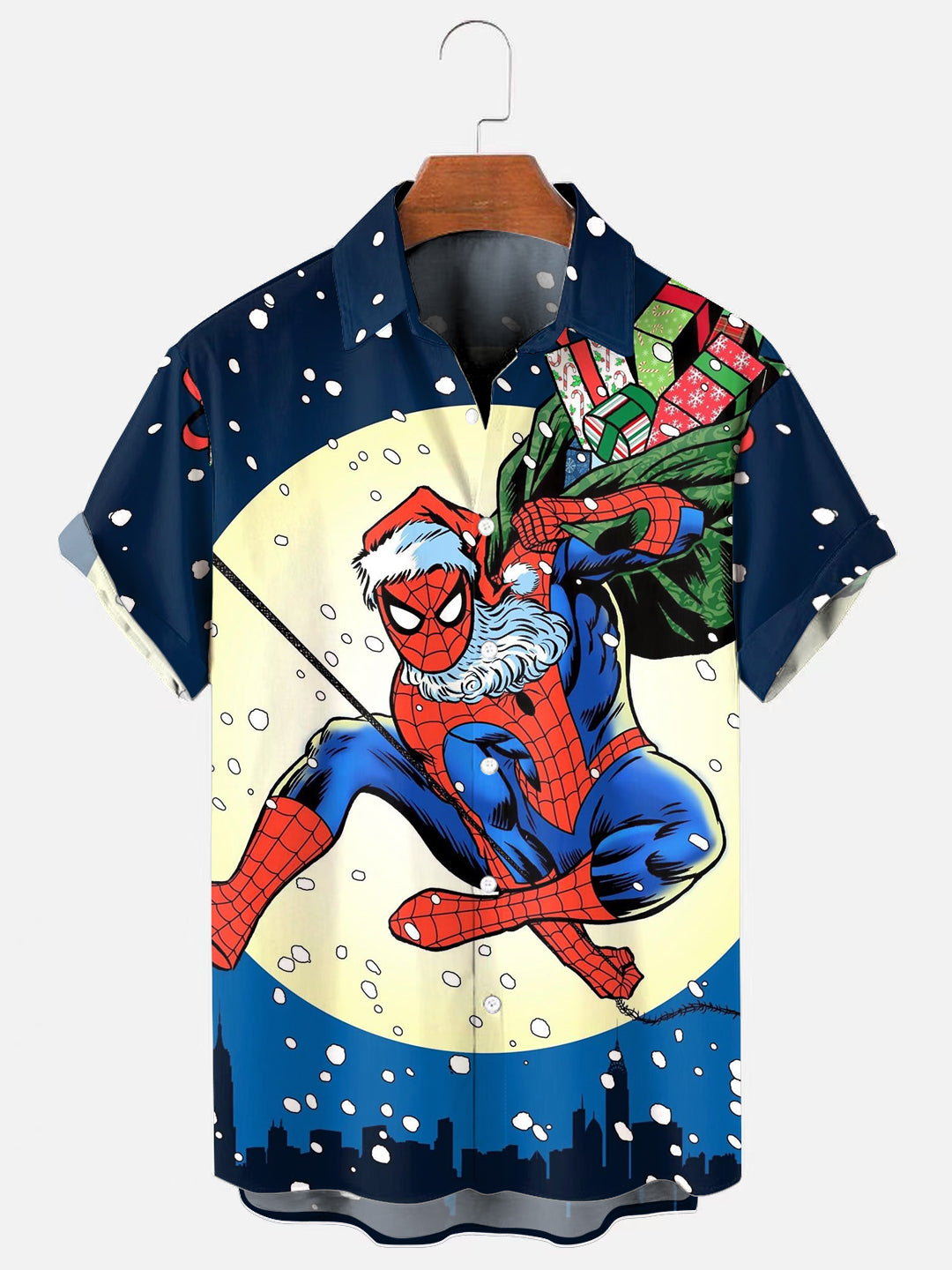 Men's Cartoon Superhero Santa Claus Print Holiday Short Sleeve Shirt