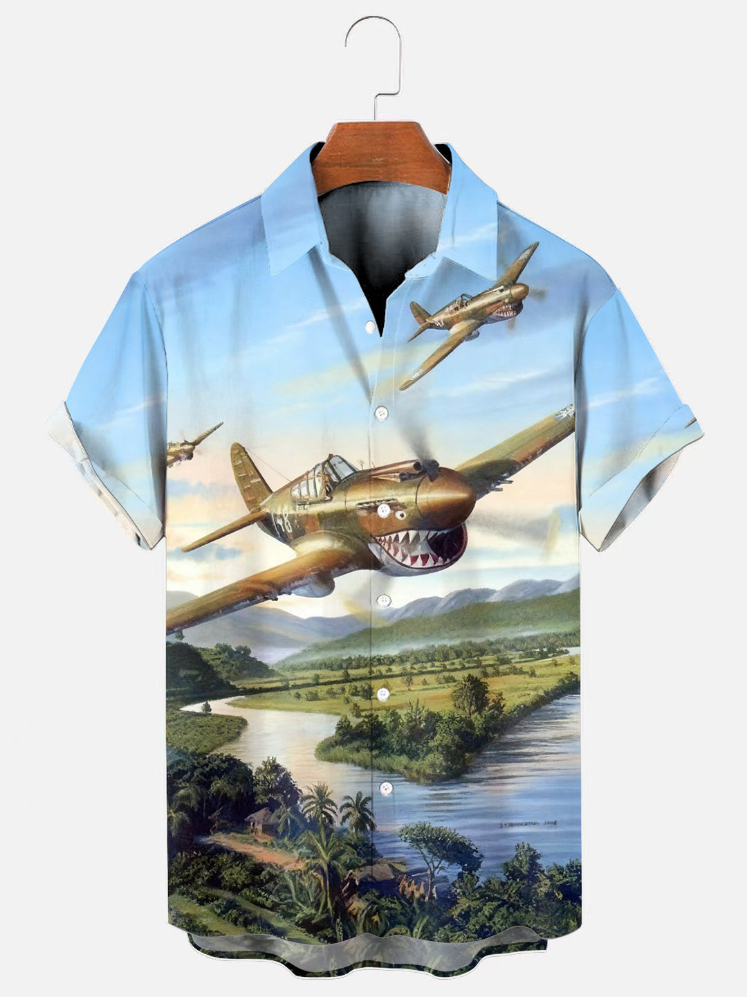 Men's Vintage WWII Fighter Print Hawaiian Short Sleeve Shirt