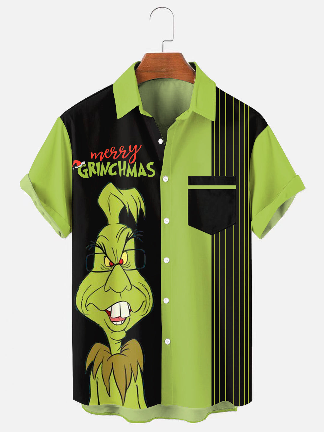 Men's Christmas Vintage Grinch Stripe Print Holiday Short Sleeve Shirt