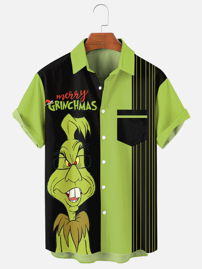 Men's Christmas Vintage Grinch Stripe Print Holiday Short Sleeve Shirt