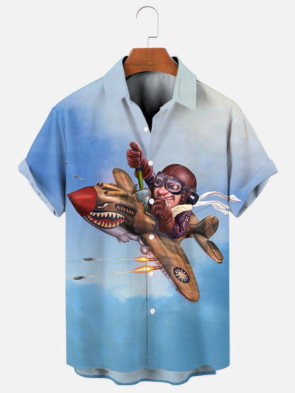Men's Flying Tigers Cartoon Print Hawaiian Short Sleeve Pocket Shirt