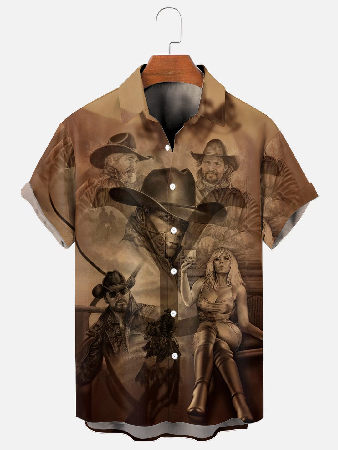 Men's Vintage Western Style Art Print Hawaiian Pocket Short Sleeve Shirt