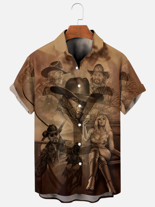 Men's Vintage Western Style Art Print Hawaiian Pocket Short Sleeve Shirt