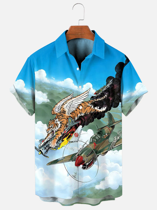 Men's Vintage WWII Flying Tigers Art Print Hawaiian Short Sleeve Pocket Shirt