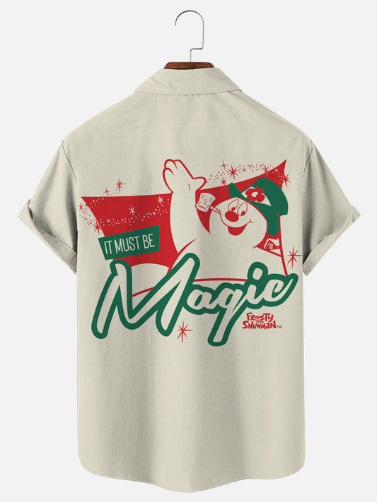 Men's Vintage Christmas Snowman Print Bowling Shirt