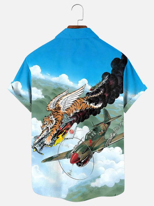 Men's Vintage WWII Flying Tigers Art Print Hawaiian Short Sleeve Pocket Shirt