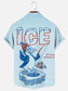 Men's Vintage Penguin Fishing on Ice Print Hawaiian Short Sleeve Pocket Shirt