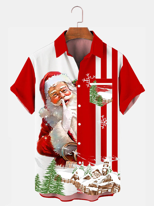 Men's Christmas Santa Claus Stripe Print Holiday Short Sleeve Shirt